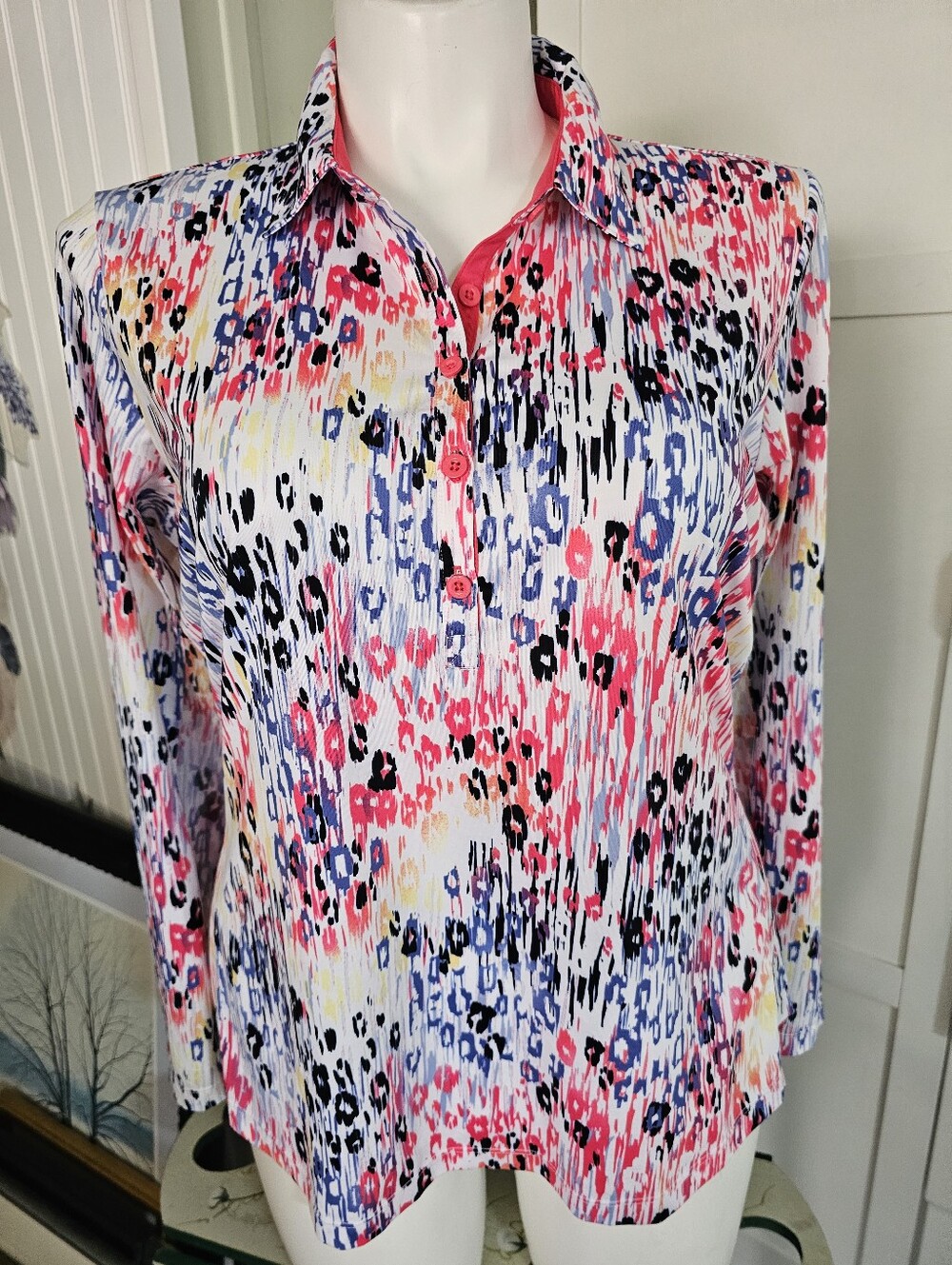 EP NY Golf Polo Shirt Womens XL Pink Blue Multi Abstract Print Long Sleeve